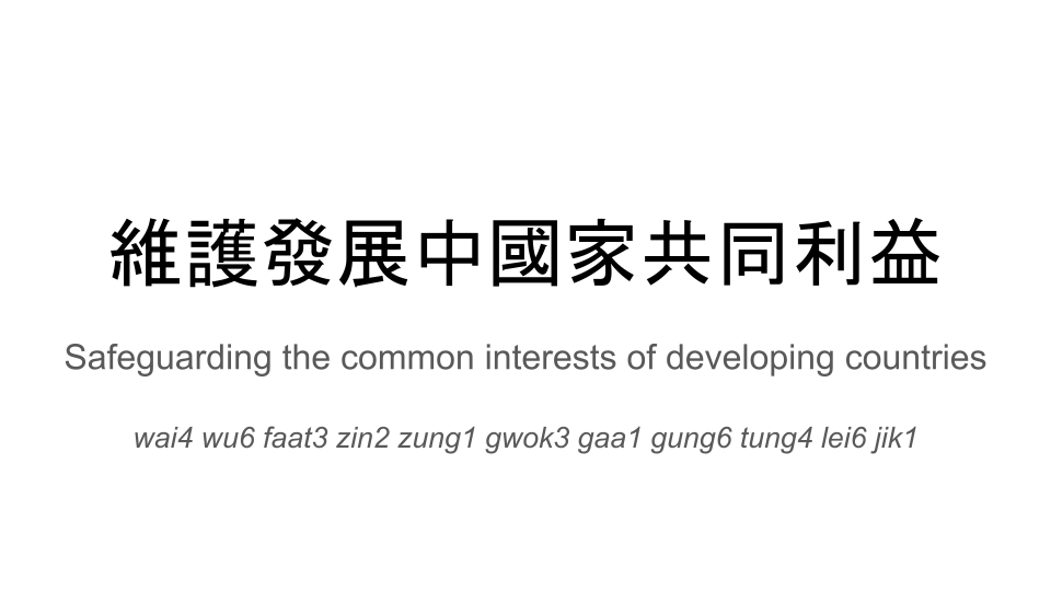 For example, the sentence 維護發展中國家共同利益 translates to Safeguarding the common interests of developing countries which is pronounced as wai4 wu6 faat3 zin2 zung1 gwok3 gaa1 gung6 tung4 lei6 jik1 in Cantonese (note that the numerals are the tones).